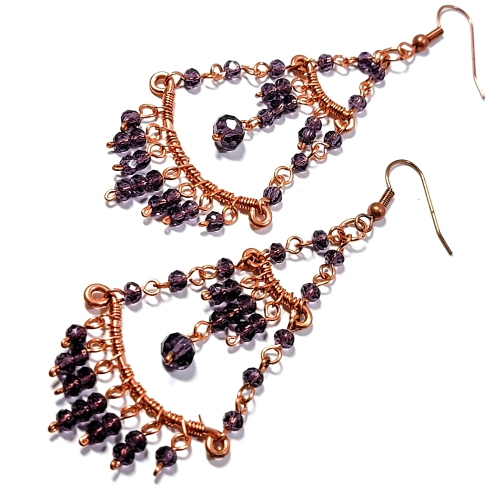 Handcrafted Copper & Amethyst Crystal Chandelier Earrings